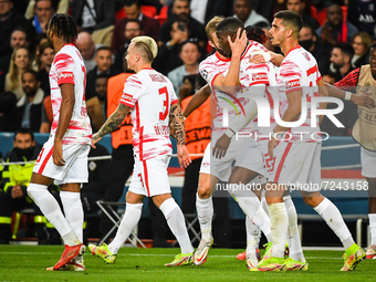 Nordi MUKIELE of RB Leipzig celebrate his goal with teammates during the UEFA Champions League, Group A football match between Paris Saint-G...