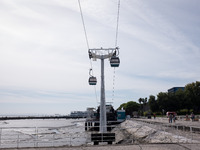 The cable car (Teleferico) in Parque Das Nacoes (Park Of Nations) in Lisbon, Portugal on October 19, 2021. (