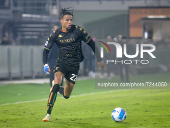 Venezia's Tyronne Ebuehi portrait in action during the Italian football Serie A match Venezia FC vs ACF Fiorentina on October 18, 2021 at th...