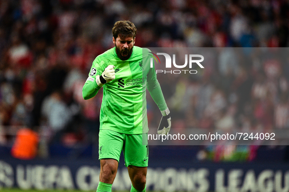 Alisson during UEFA Champions League match between Atletico de Madrid and Liverpool FC at Wanda Metropolitano on October 19, 2021 in Madrid,...