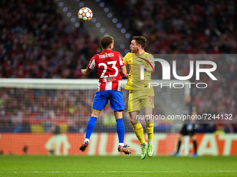 Kieran Trippier and Andrew Robertson during UEFA Champions League match between Atletico de Madrid and Liverpool FC at Wanda Metropolitano o...