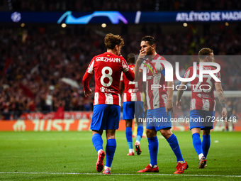 Antoine Griezmann and Koke celebrates a goal during UEFA Champions League match between Atletico de Madrid and Liverpool FC at Wanda Metropo...