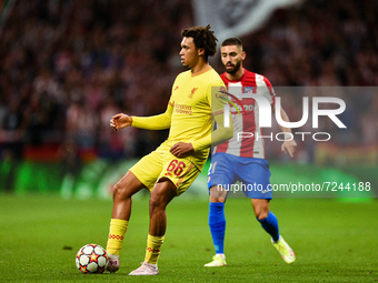 Trent Alexander-Arnold and Yannick Carrasco during UEFA Champions League match between Atletico de Madrid and Liverpool FC at Wanda Metropol...