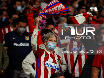 Atletico supporters during UEFA Champions League match between Atletico de Madrid and Liverpool FC at Wanda Metropolitano on October 19, 202...