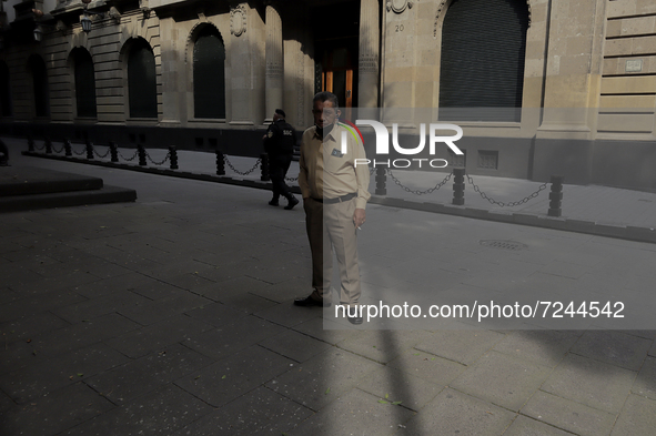 A passer-by on Gante Street in the Historic Centre of Mexico City, during the COVID-19 emergency and the official return to the green epidem...