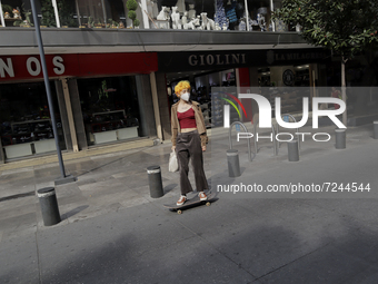 A skater on 16 de Septiembre Street in Mexico City's Historic Centre, during the COVID-19 emergency and the official return to the green epi...