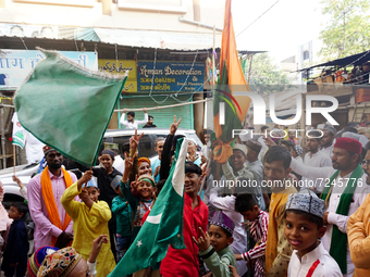 Indian Muslims seen during the procession of 'Eid-e-Milad-un-Nabi' on the occasion of birth anniversary of Prophet Muhammed, on October 19,...