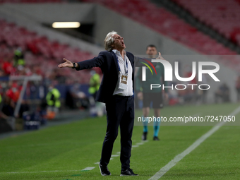 Benfica's head coach Jorge Jesus reacts during the UEFA Champions League group E football match between SL Benfica and FC Bayern Muenchen at...