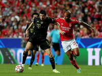 Robert Lewandowski of Bayern Muenchen (L) vies with Joao Mario of SL Benfica during the UEFA Champions League group E football match between...