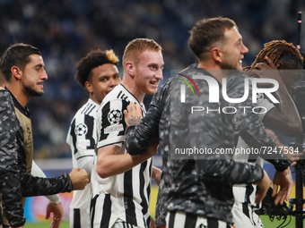 Dejan Kulusevski (C) of Juventus celebrates his goal with teammates during the UEFA Champions League Group H football match between Zenit St...