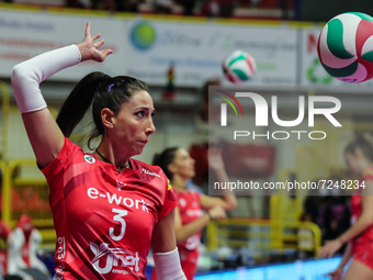 Rossella Olivotto #3 of UYBA Unet E-Work Busto Arsizio warms up during the Volley Serie A women 2021/22 match between Unet E-Work Busto Arsi...
