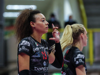 Valentina Diouf #13 of Bartoccini-Fortinfissi Perugia gestures  during the Volley Serie A women 2021/22 match between Unet E-Work Busto Arsi...
