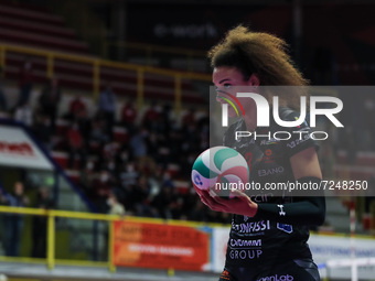 Valentina Diouf #13 of Bartoccini-Fortinfissi Perugia in action during the Volley Serie A women 2021/22 match between Unet E-Work Busto Arsi...
