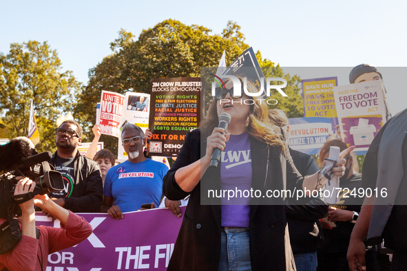 Virginia Kase Solomón, CEO of the League of Women Voters, speaks during a civil disobedience action for voting rights at the White House.  D...