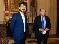 Tommaso Sacchi and Dominique Meyer attend Magnifica Fabbrica by Teatro Alla Scala press conference in Sala Alessi at Palazzo Marino on Octob...