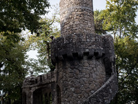 Towers and walls at Quinta da Regaleira in Sintra, Portugal on October 21, 2021. (
