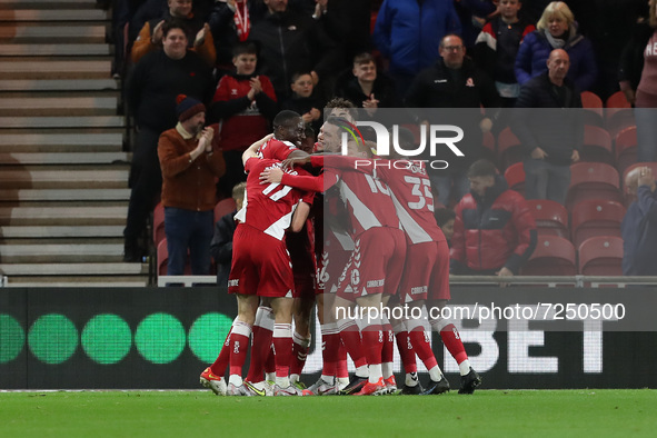  Middlesbrough's Andraz  Sporar celebrates with his team mates after scoring their first goal during the Sky Bet Championship match between...