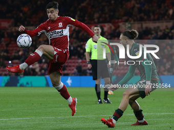 Martin Payero of Middlesbrough in action with Barnsley's Jordan Williams  during the Sky Bet Championship match between Middlesbrough and Ba...