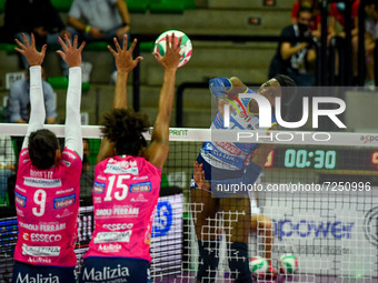 Spike of Paola Egonu (Conegliano) over the block of Caterina Bosetti (Novara) and Haleigh Washington (Novara) during the Volleyball Italian...