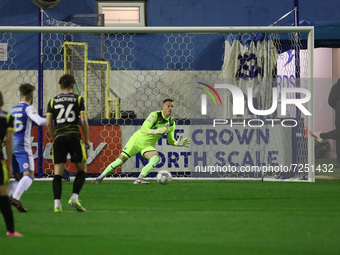 Scunthorpe United's Ryan Loft sends Paul Farman the wrong way but misses from the penalty spotduring the Sky Bet League 2 match between Barr...