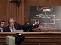 US Senator Pat Toomey(R-PA) shows a picture during a hearing about Department of Treasurys sanction policy review, today on October 19, 2021...