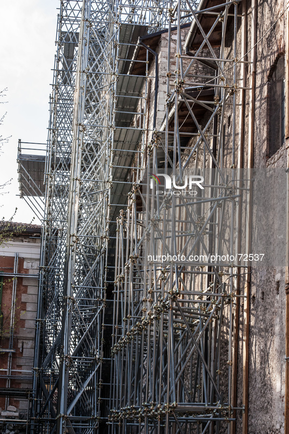 Scaffolding in L'Aquila, on April 3, 2014. The fifth anniversary of the L'Aquila earthquake will be marked on 06 April 2014, commemorating t...