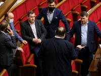 Speaker of Verkhovna Rada Ruslan Stefanchuk talks to lawmakers during the session of Ukrainian Parliament in Kyiv, Ukraine, October 22, 2021...