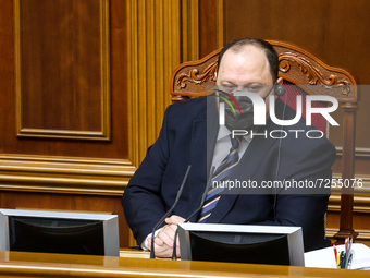 Speaker of Verkhovna Rada Ruslan Stefanchuk is seen during the session of Ukrainian Parliament in Kyiv, Ukraine, October 22, 2021.  (