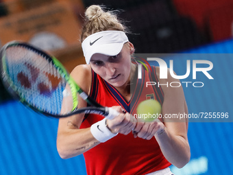 Marketa Vondrousova of Czech Republic returns the ball to Aryna Sabalenka of Belarus during the women's singles quarterfinal tennis match of...