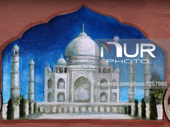 Detail of a painting of the Taj Mahal on a mural at the Gerrard India Bazaar (also known as Little India) in Toronto, Ontario, Canada, on Au...