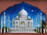 Detail of a painting of the Taj Mahal on a mural at the Gerrard India Bazaar (also known as Little India) in Toronto, Ontario, Canada, on Au...