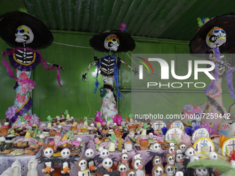 Sale of catrinas and sugar skulls in the streets of Xochimilco, Mexico City, following the announcement of the return of the green epidemiol...