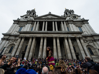 'Little Amal', a giant puppet depicting a Syrian refugee girl, arrives at St Paul's Cathedral in the City of London, in London, Britain, 23...