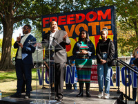 Martin Luther King III speaks during a rally at the end of a relay for voting rights at the US Capitol.  Protesters began the relay in West...