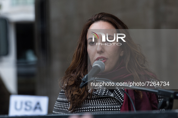 LONDON, UNITED KINGDOM - OCTOBER 23, 2021: Stella Moris, Julian Assange’s partner, speaks during a rally outside the Royal Courts of Justice...
