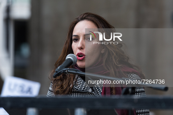 LONDON, UNITED KINGDOM - OCTOBER 23, 2021: Stella Moris, Julian Assange’s partner, speaks during a rally outside the Royal Courts of Justice...