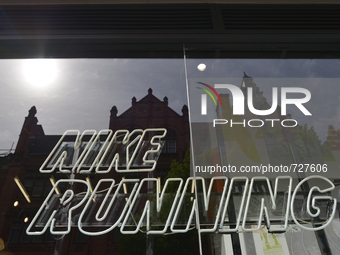 Light shining on the window of the Nike Running shop in Manchester on Monday 11th May 2015. (