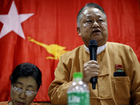 (FILE PHOTO) Win Htein, central executive committee member of the National League for Democracy (NLD) party, speaks during a meeting at the...