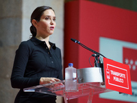 The president of the Community of Madrid, Isabel Diaz Ayuso during the presentation of the reunification of public transport rates in the Co...