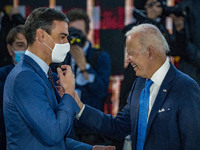 Pedro Sanchez, left, President of Spain, and Joe Biden, right, President of the United States, kidding in the G20 Summit of Heads of State a...