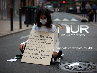A XR activist blocks a street in Toulouse. Her placard reads 'I'm terrified by our future and our children's due to climate imbalance and de...