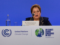 Executive Secretaty of UNFCCC, Patricia Espiosa gives her first remarks during press conference on the first day of the COP26 UN Climate Cha...