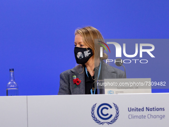 UK's spokesperson, Lynda Davidson attends a press conference on the first day of the COP26 UN Climate Change Conference, held by UNFCCC insi...