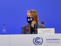 UK's spokesperson, Lynda Davidson attends a press conference on the first day of the COP26 UN Climate Change Conference, held by UNFCCC insi...