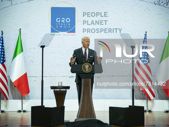Joe Biden, President of the United States of America, speaks to the attendees in a press conference during the G20 Summit in Rome, Italy. (