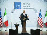 Joe Biden, President of the United States of America, speaks to the attendees in a press conference during the G20 Summit in Rome, Italy. (