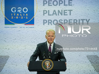 Joe Biden, President of the United States of America, listens the questions during a press briefing in the G20 Summit of Heads of State and...
