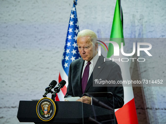 Joe Biden, President of the United States of America, prepares his answers in a press briefing in the G20 Summit of Heads of State and Gover...