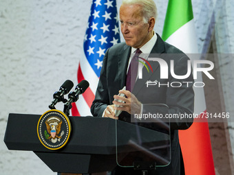 Joe Biden, President of the United States of America, prepares his answers in a press briefing in the G20 Summit in Rome, Italy. (