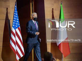 Joe Biden, President of the United States of America, enters to a press briefing in the G20 Summit of Heads of State and Government in Rome,...